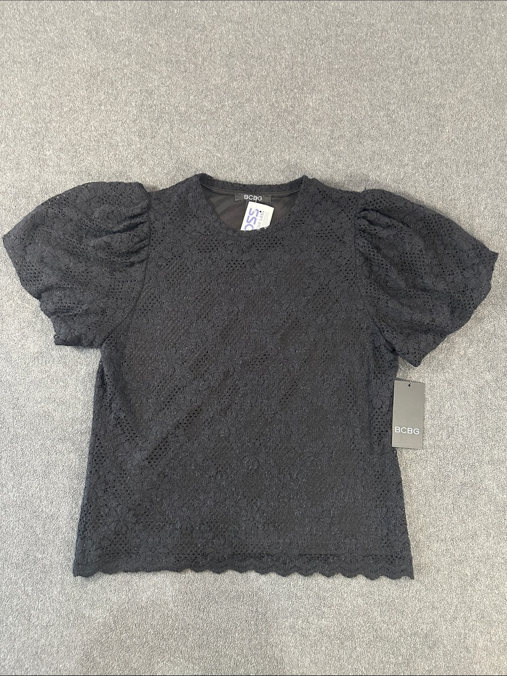 BCBG Black Puff Sleeve Eyelet Top NWT (L)